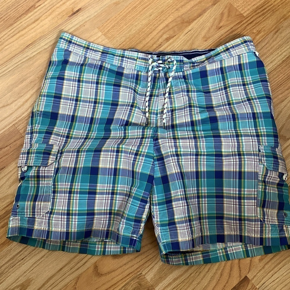 Lands End Madras Plaid Swim Trunks Mens XXL Preppy Nautical Board shorts Surf